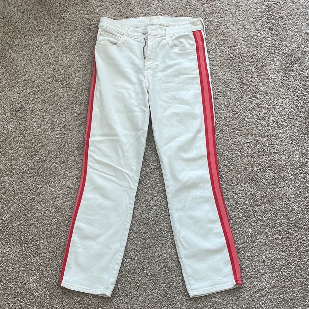 Mother Cream Jeans with Pink and Red Stripe